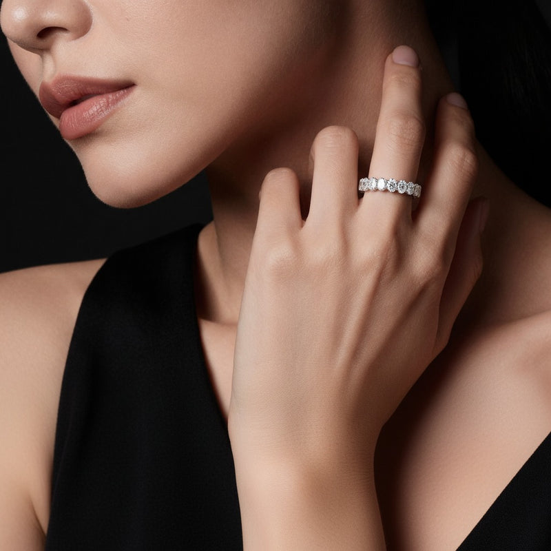 Model wearing oval lab grown diamond split prong eternity ring