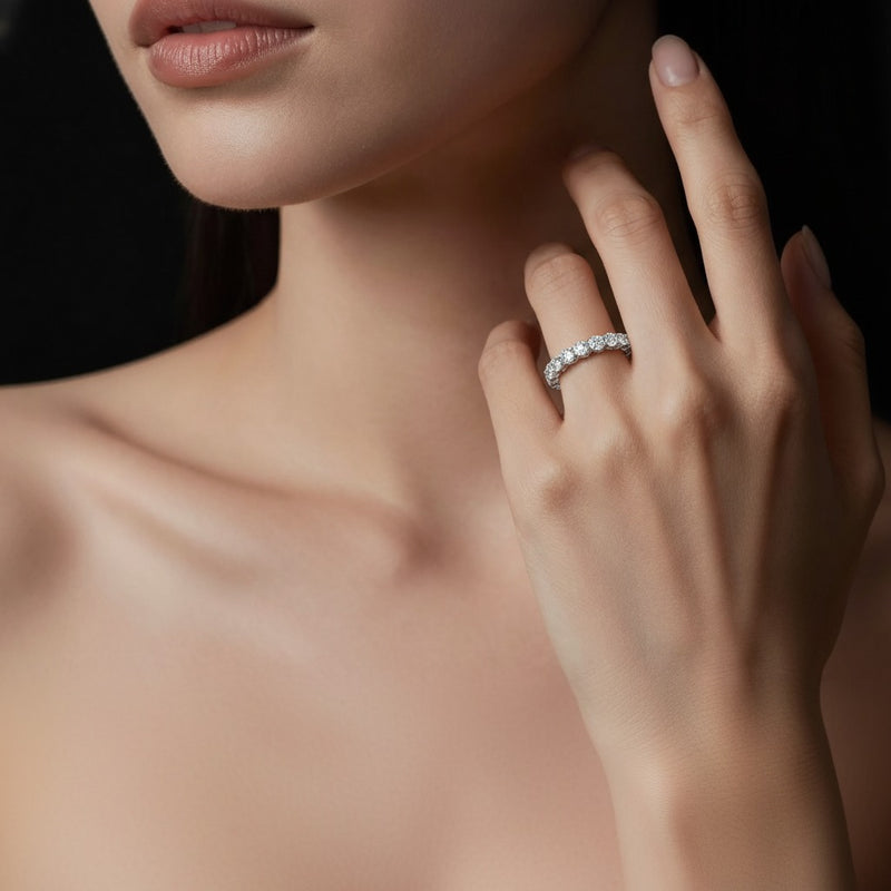 Model wearing round stud ring