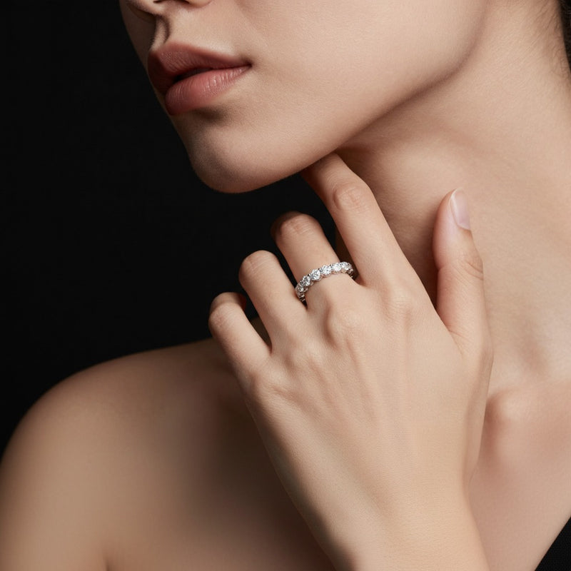 Model wearing round lab grown diamond split prong eternity ring