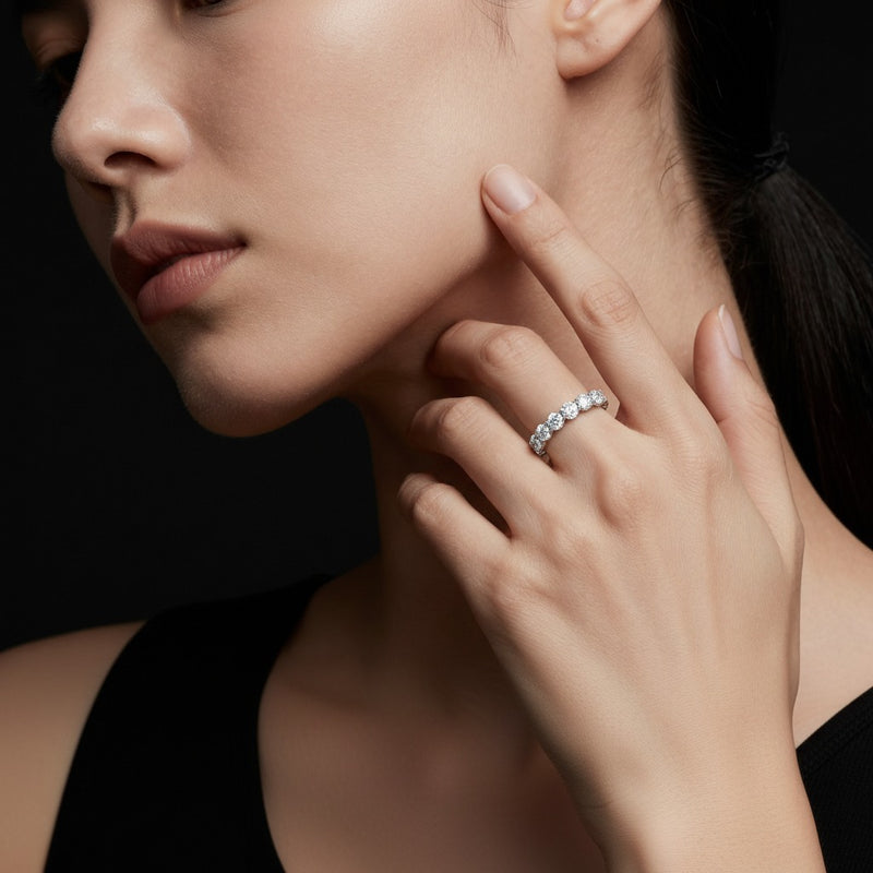 Model wearing round lab grown diamond split prong eternity ring