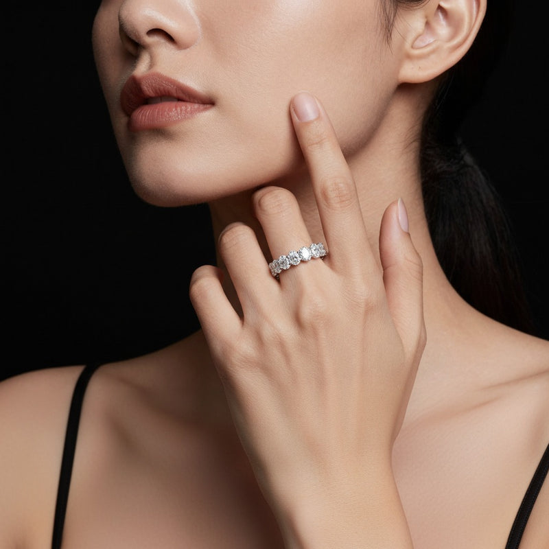 Model wearing oval lab grown diamond split prong eternity ring