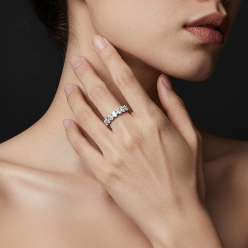 Model wearing oval lab grown diamond split prong eternity ring