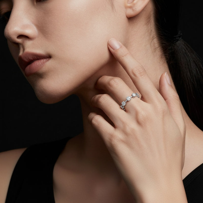 Model wearing round lab grown diamond split prong eternity ring