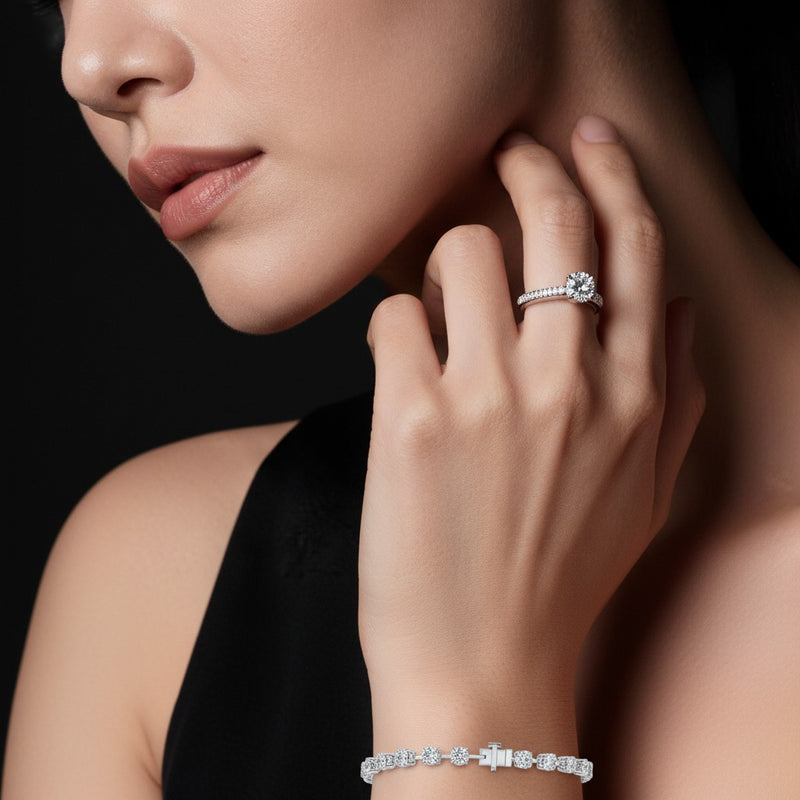 Model wearing round lab grown diamond split prong eternity ring
