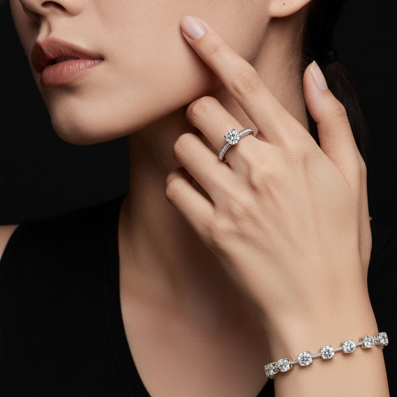 Model wearing round lab grown diamond split prong eternity ring