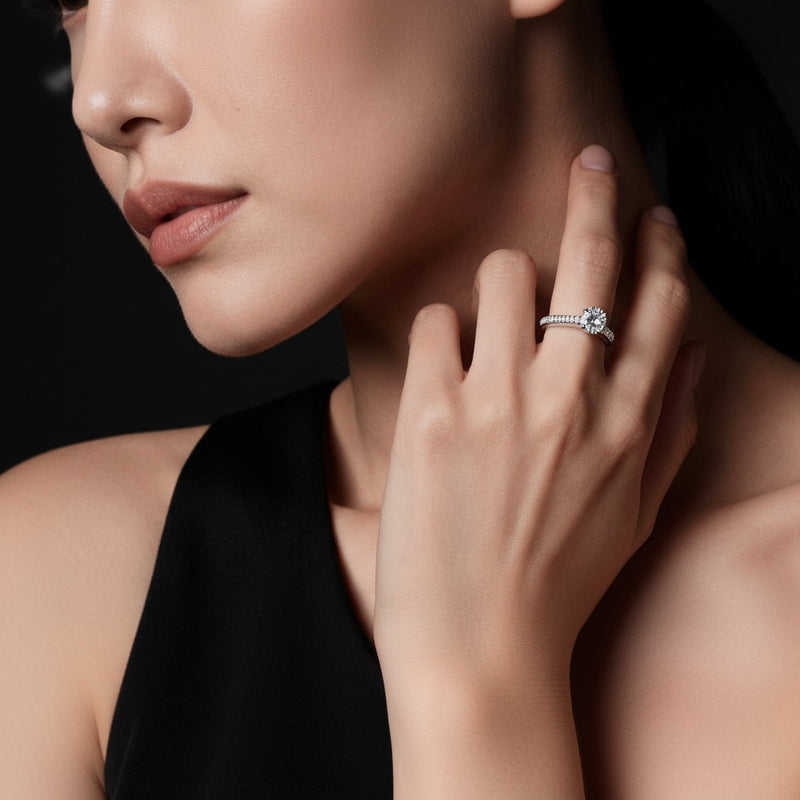 Model wearing round lab grown diamond split prong eternity ring