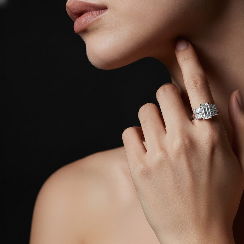 Model wearing radiant bridal set with matching band and ring